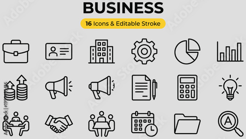 Collection of graphic line icons representing various business and finance concepts suitable for digital design and presentation