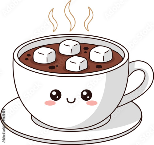 Cute cartoon hot chocolate cup with marshmallows smiling kawaii winter drink character vector illustration