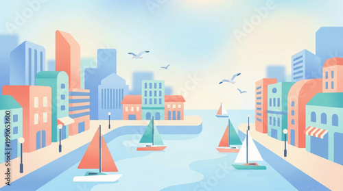Sailboats cruising on a serene canal in a picturesque city.
