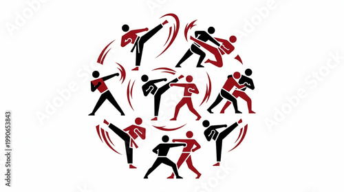 Set of martial arts icons featuring different fighting stances and techniques