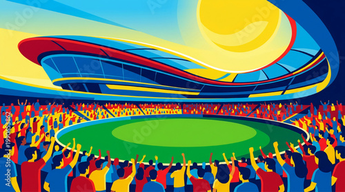 Vibrant Cricket Stadium with Cheering Crowd Under Bright Sun.