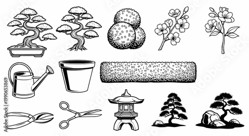 Bonsai Trees and Zen Japanese Garden Elements Vector Art