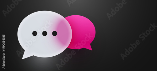 3D render of glossy speech bubbles on a dark background, representing communication and social media. Vector illustration