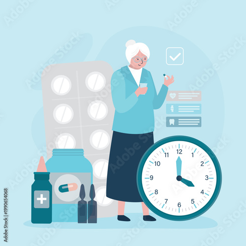 Elderly woman take pills. Diagnosis and treatment. Medicine and healthcare. Alarm clock controls intake of medications. Immediate relief. Drug reminder,
