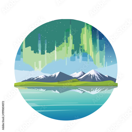 Abstract illustration of mountain landscape with aurora borealis display