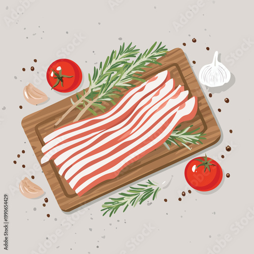 Freshly prepared bacon slices with tomatoes garlic and herbs on wooden board