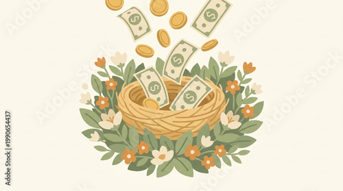 Illustration of a nest filled with paper money and gold coins surrounded by flowers