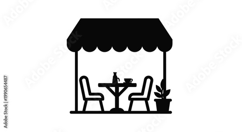 A black silhouette of a cafe scene with outdoor seating and plants silhouette