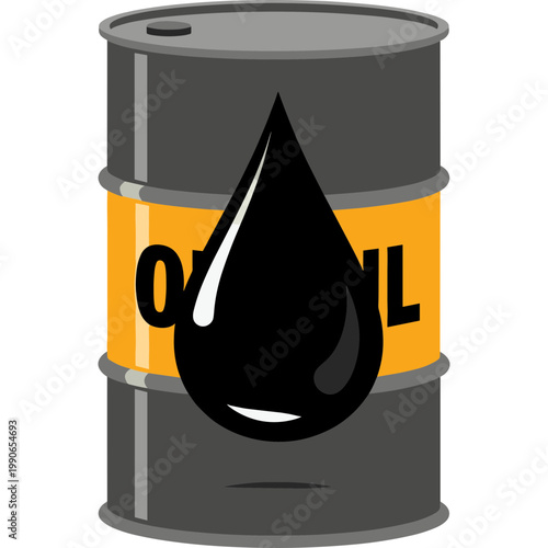 An illustration of a gray oil barrel with a large black oil drop on a yellow label.