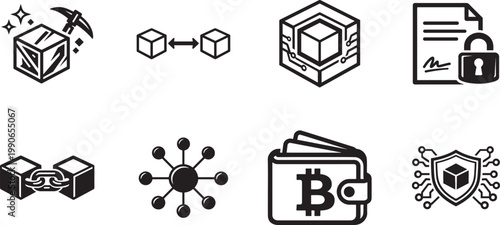 Blockchain line icon set with crypto, decentralization, security, and digital chain vector.