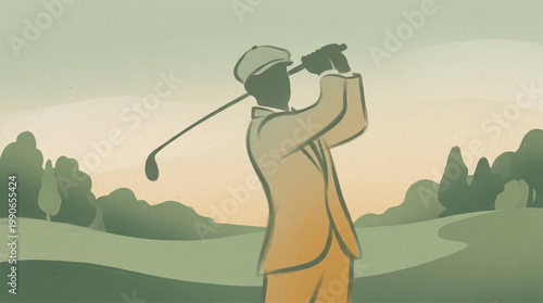 Vintage Golfer Swinging Club on Green Course.