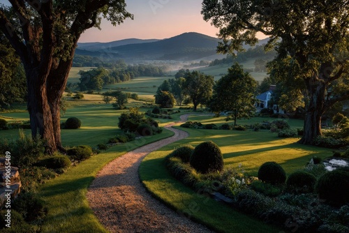 Peaceful Countryside Landscape At Sunrise With Winding Gravel Path And Distant Rolling Hills