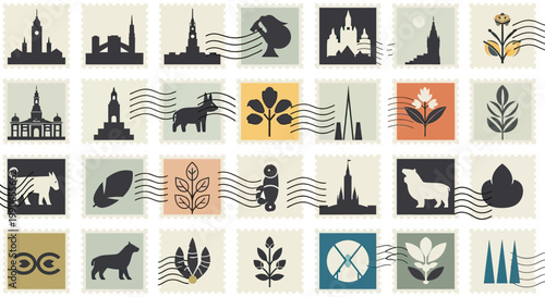 A grid of postage stamps featuring diverse silhouettes of buildings, animals, and flora