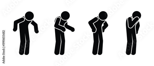 Black stickman set with poor posture, slouching and hunched back poses, simple minimal characters isolated on transparent background, spine alignment concept