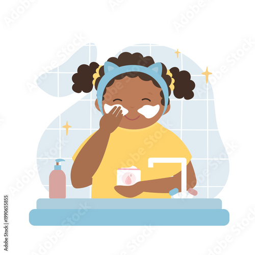 Cute little girl applying moisturizer to her face after bathing, isolated on white background. Happy female character with cream. Healthy skin habits in children and daily hygiene
