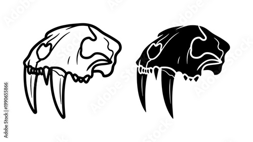 Schilderij op canvas Sabre-toothed Cat Skull Vector Icons, Prehistoric Animal Fossil Illustration, An