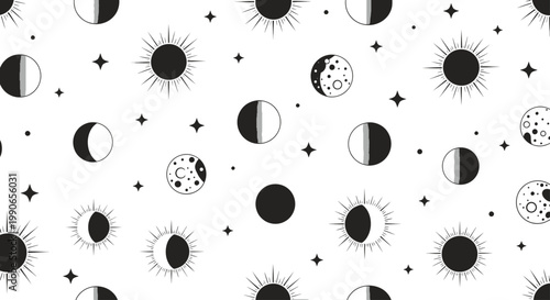 Minimalist celestial pattern with moons, suns, and stars