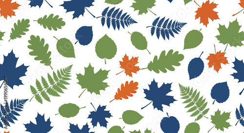 Assorted botanical leaf silhouettes in green, blue, and orange on white