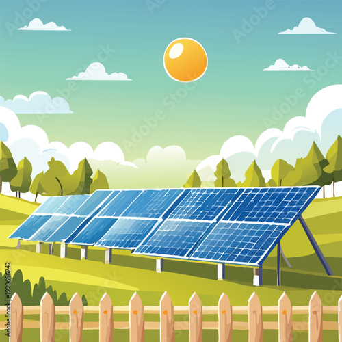 Solar panels on green landscape generating sustainable renewable energy