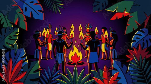 Ancient Tribe Gathering Around Campfire Ritual.