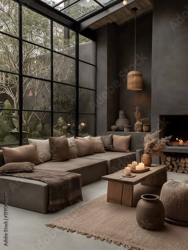Contemporary wabi-sabi living room with large glass wall and natural elements for calm interior aesthetics