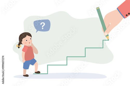 Thoughtful little girl looks at stairs being drawn by a giant hand, feeling doubt about her path. life choices and future goals. Opportunities, kid thinking about new goals.