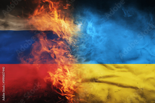 Burning Ukraine Russia flags