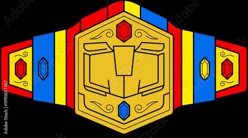 Graphic illustration of a colorful championship belt with gold plates and gems