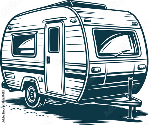 Retro blue and white caravan trailer with open door and step retro caravan