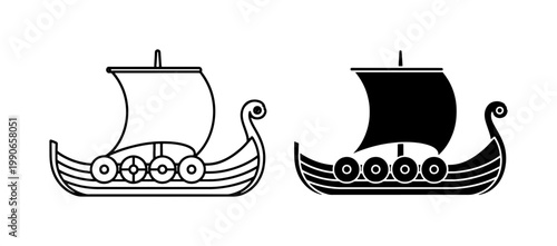Bild auf Leinwand Viking Ship Icons, Scandinavian Longboat Vector Art, Norse Sailing Vessel Graphi