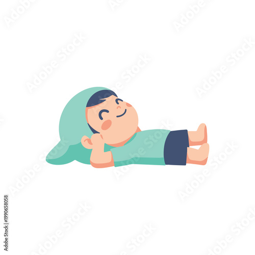 Relaxing Child Lying Down in Green Cap and Casual Clothes, Cartoon Illustration, Calm Environment, Front View
