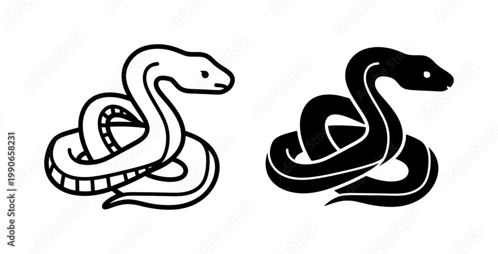 Obraz premium Stylized Serpent Icons, Black and White Snake Vector Graphics, Reptile Symbol Collection for Graphic Design and Branding