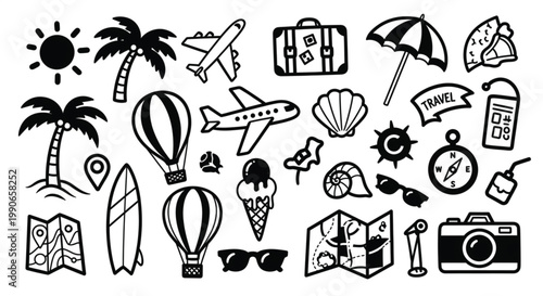 Travel icons, vacation symbols, black line illustrations, 25 elements, vector graphics