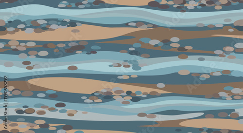 Abstract pattern of wavy bands in blues and tans dotted with pebbles