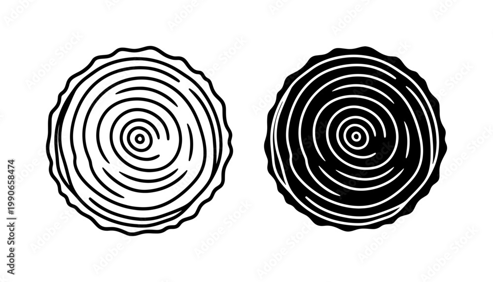 Fototapeta premium Wood Grain Vector Icons, Tree Ring Circles, Natural Texture Patterns, Rustic Organic Design Elements, Black and White