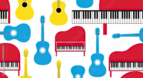 Colorful pattern of various musical instruments including pianos and guitars