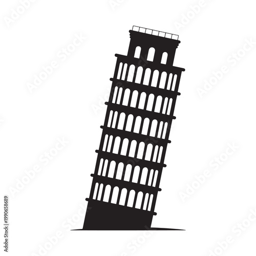 Stylized black and white illustration of the leaning tower of pisa