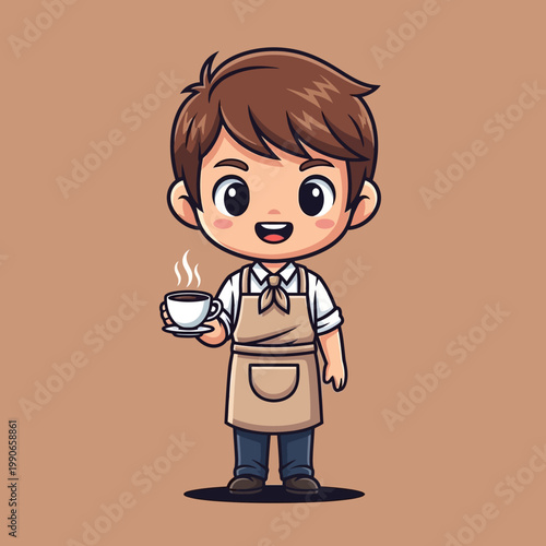 Cartoon boy holding a steaming coffee cup.
