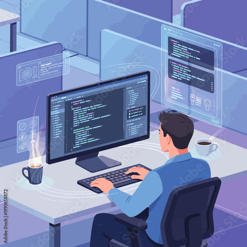 Software Developer Coding at Office Desk with Digital Interface