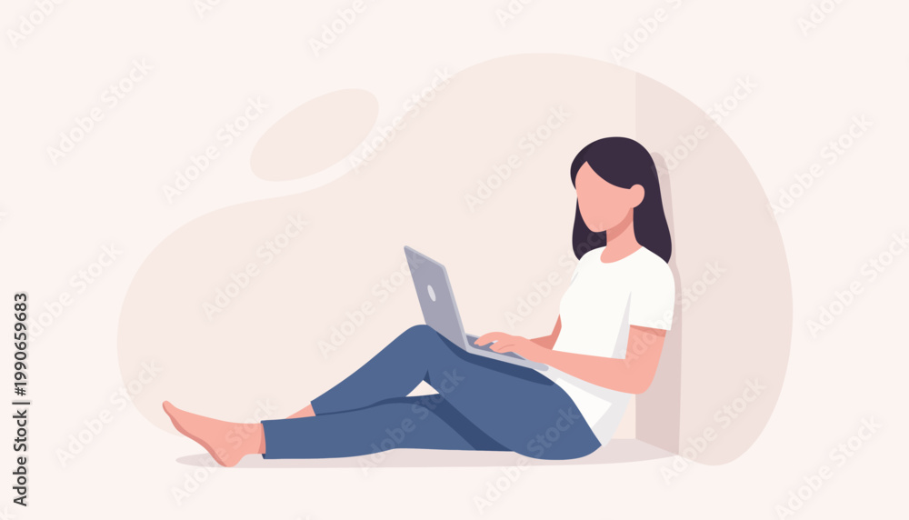 Fototapeta premium Young woman in casual clothes, using laptop while seated on floor