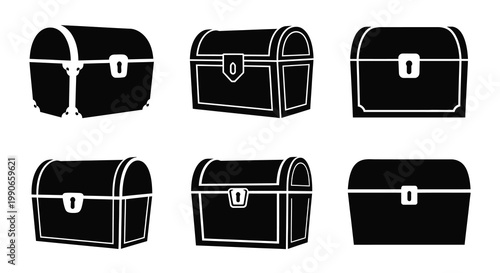 A collection of six vintage treasure chests in a stark black silhouette