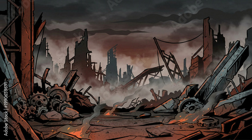 Apocalyptic Cityscape Destroyed Buildings and Rubble.