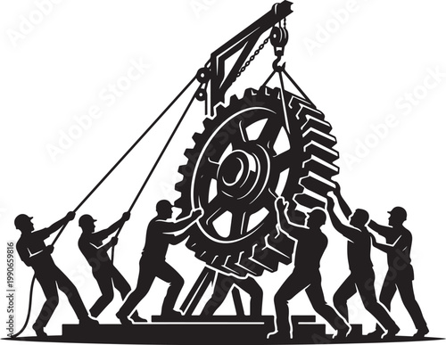 Black silhouette illustration of workers moving a large gear with a crane 