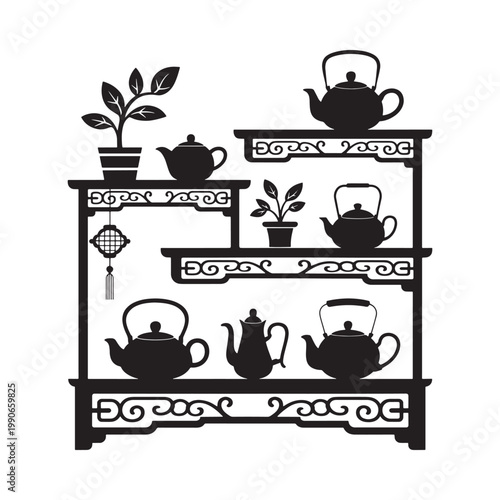 Elegant black silhouette of a tiered shelf with teapots and plants