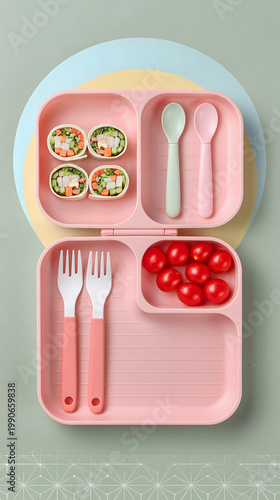 Pink Lunch Box with Vegetable Pinwheels and Cherry Tomatoes