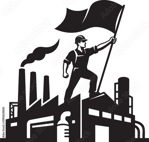 Black and white illustration of a worker holding a flag on a factory rooftop