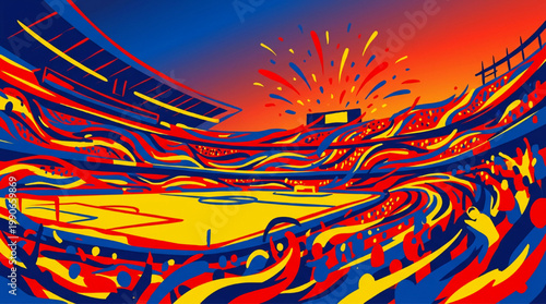 Abstract illustration of a vibrant sports stadium celebration