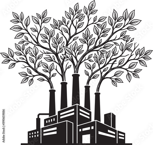 Black and white illustration of industrial factory with trees growing out of smokestacks