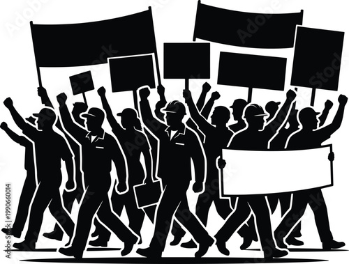 A group of people marching with signs and flags in protest