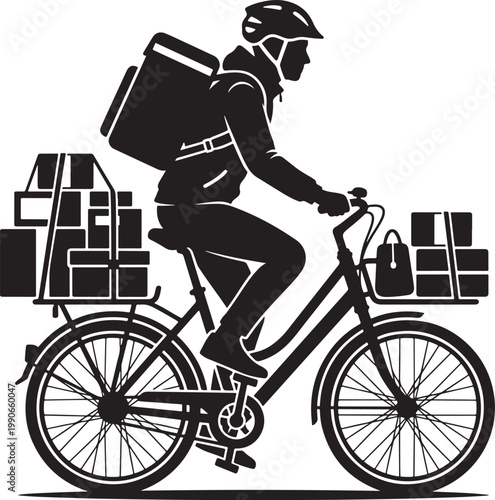 A delivery person riding a bicycle with a large backpack and packages on the bike